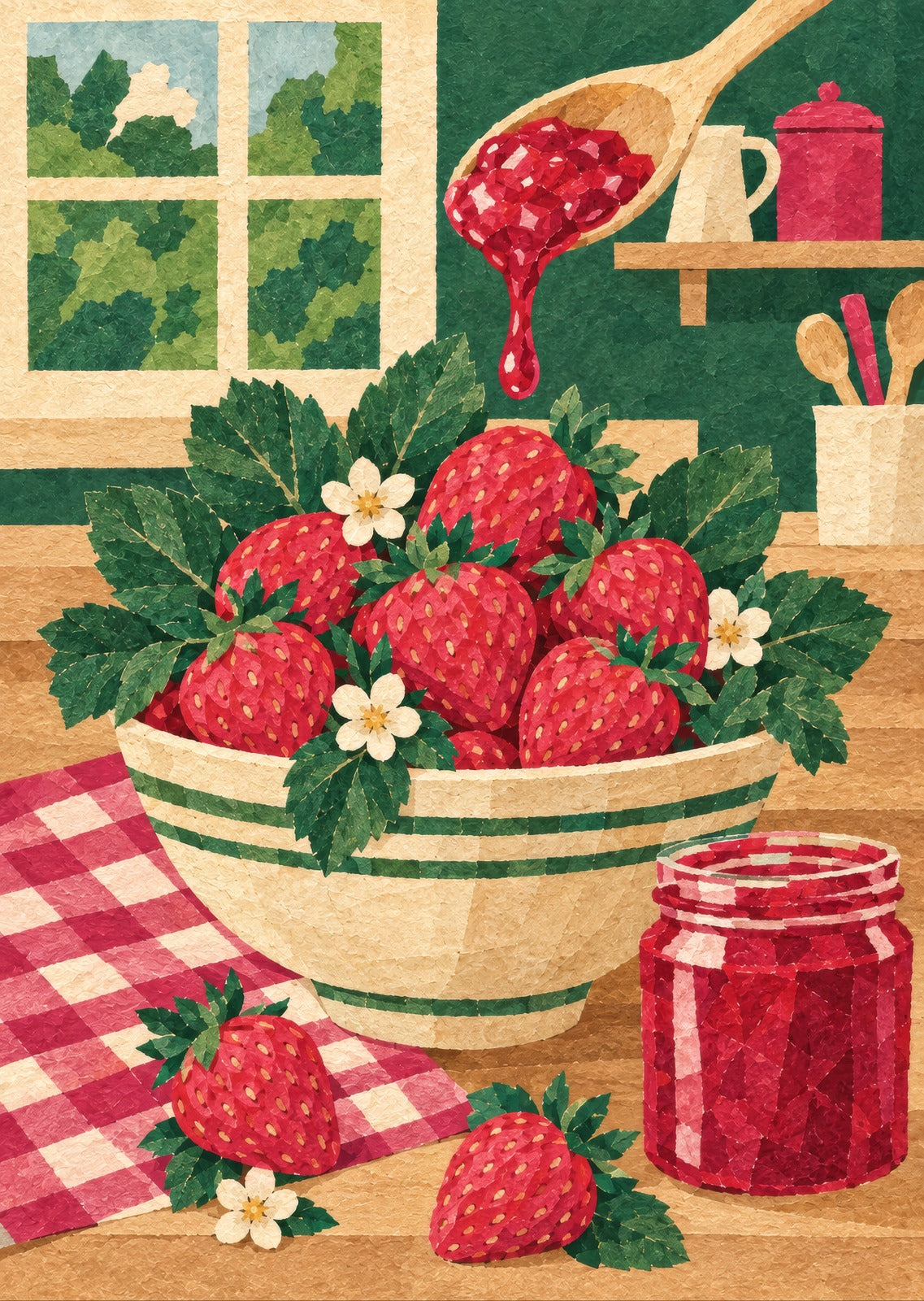 Jam spoon above a ripe berry arrangement — artwork detail