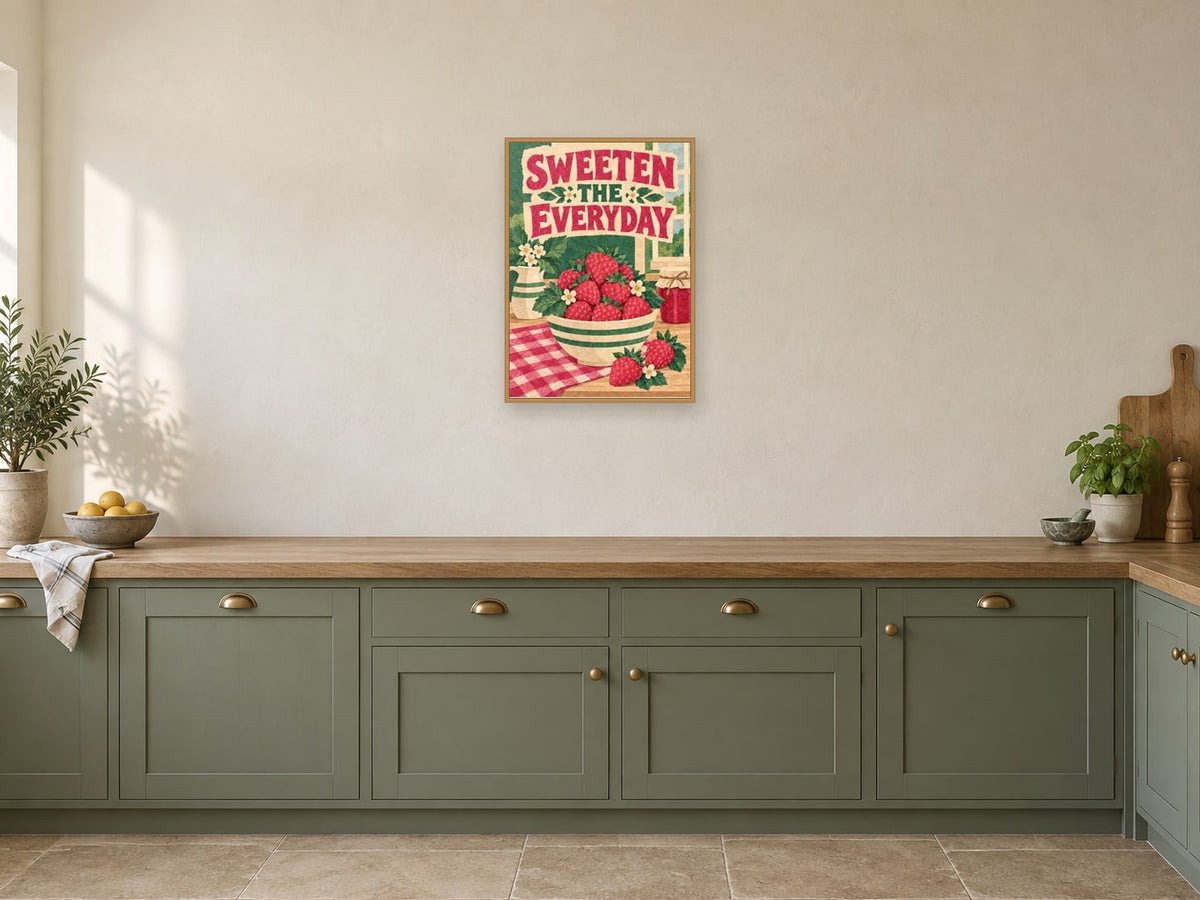 Sweeten The Everyday — A2 artwork shown in a room with a natural wood frame; select a framed finish to include a frame