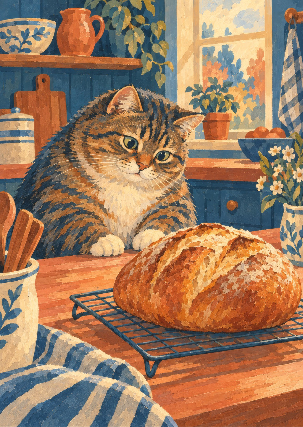plump tabby watching a cooling loaf — artwork detail