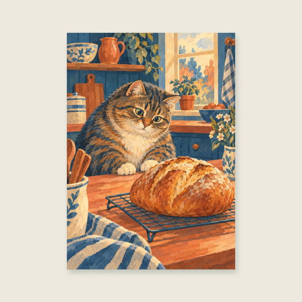 plump tabby watching a cooling loaf Art Print