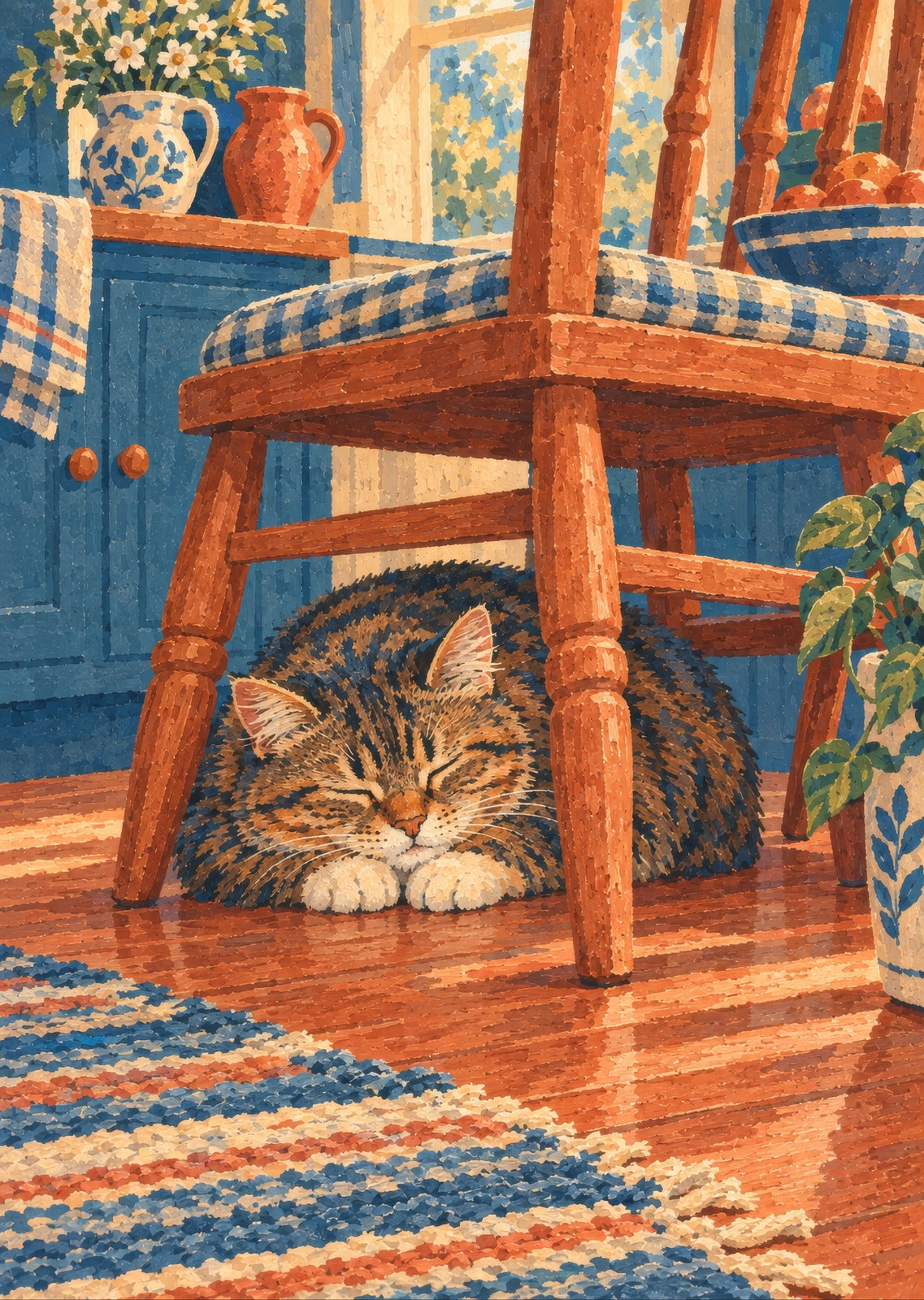 tabby asleep under a kitchen chair — artwork detail