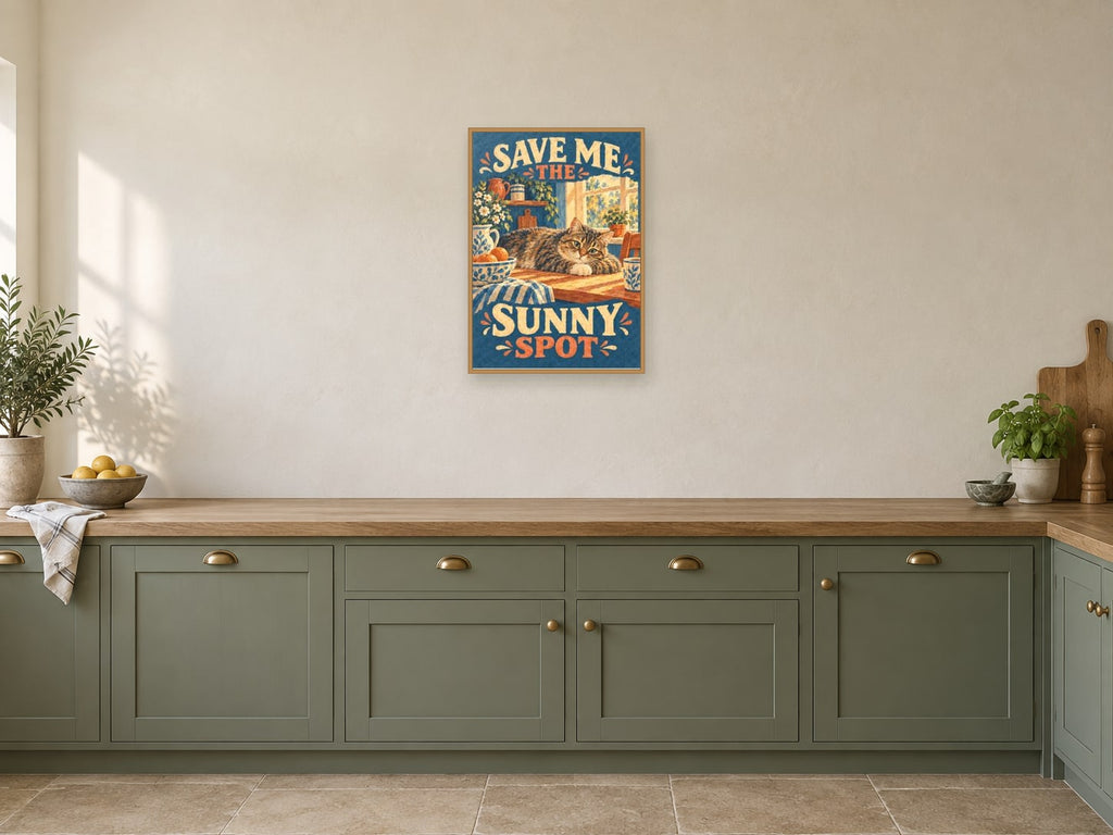 Save Me The Sunny Spot — A2 artwork shown in a room with a natural wood frame; select a framed finish to include a frame