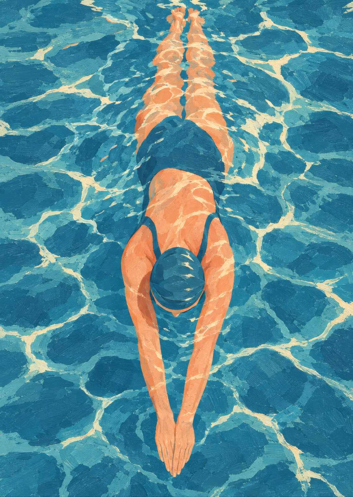 Swimmer seen from above in clear blue water — artwork detail