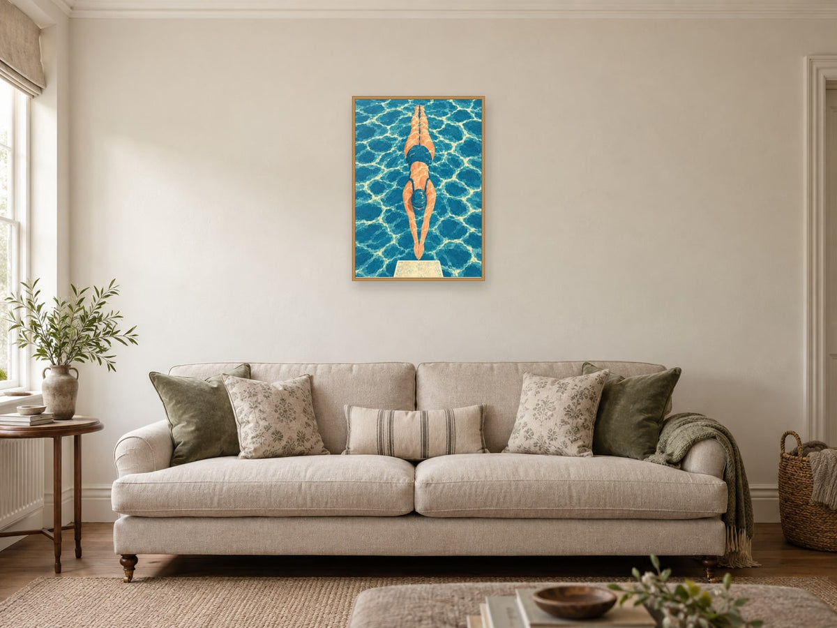 At the Pool Edge — A2 artwork shown in a room with a natural wood frame; select a framed finish to include a frame