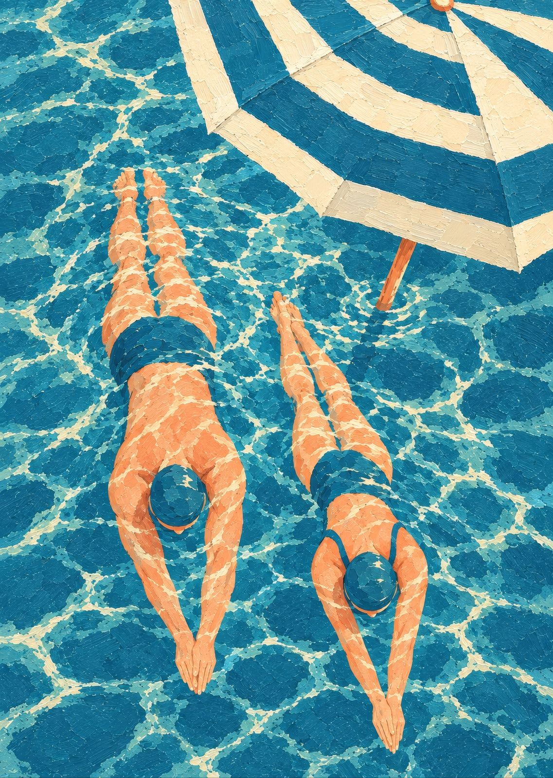 Two swimmers passing — artwork detail