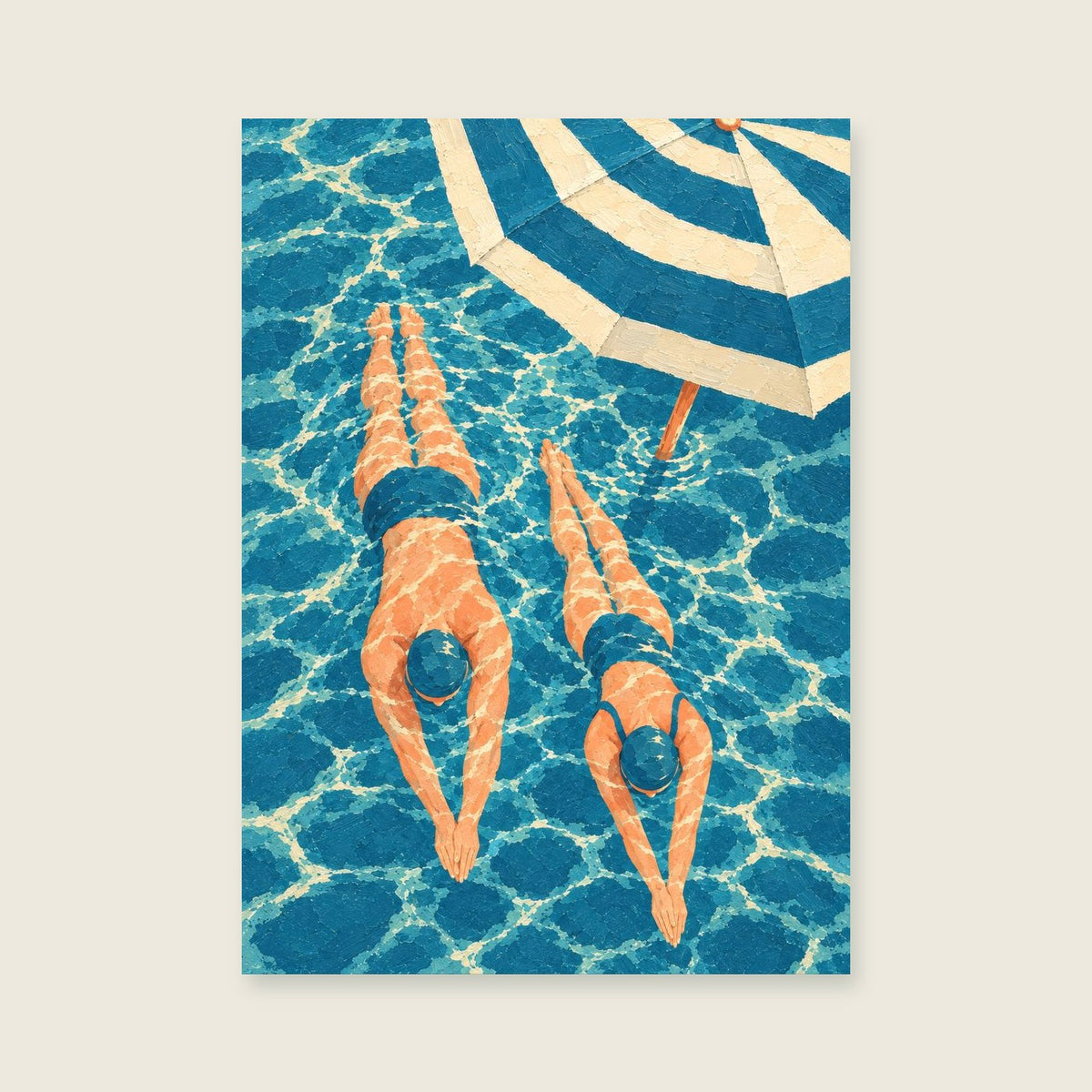 Two swimmers passing — Stylised painterly illustration bathroom art print