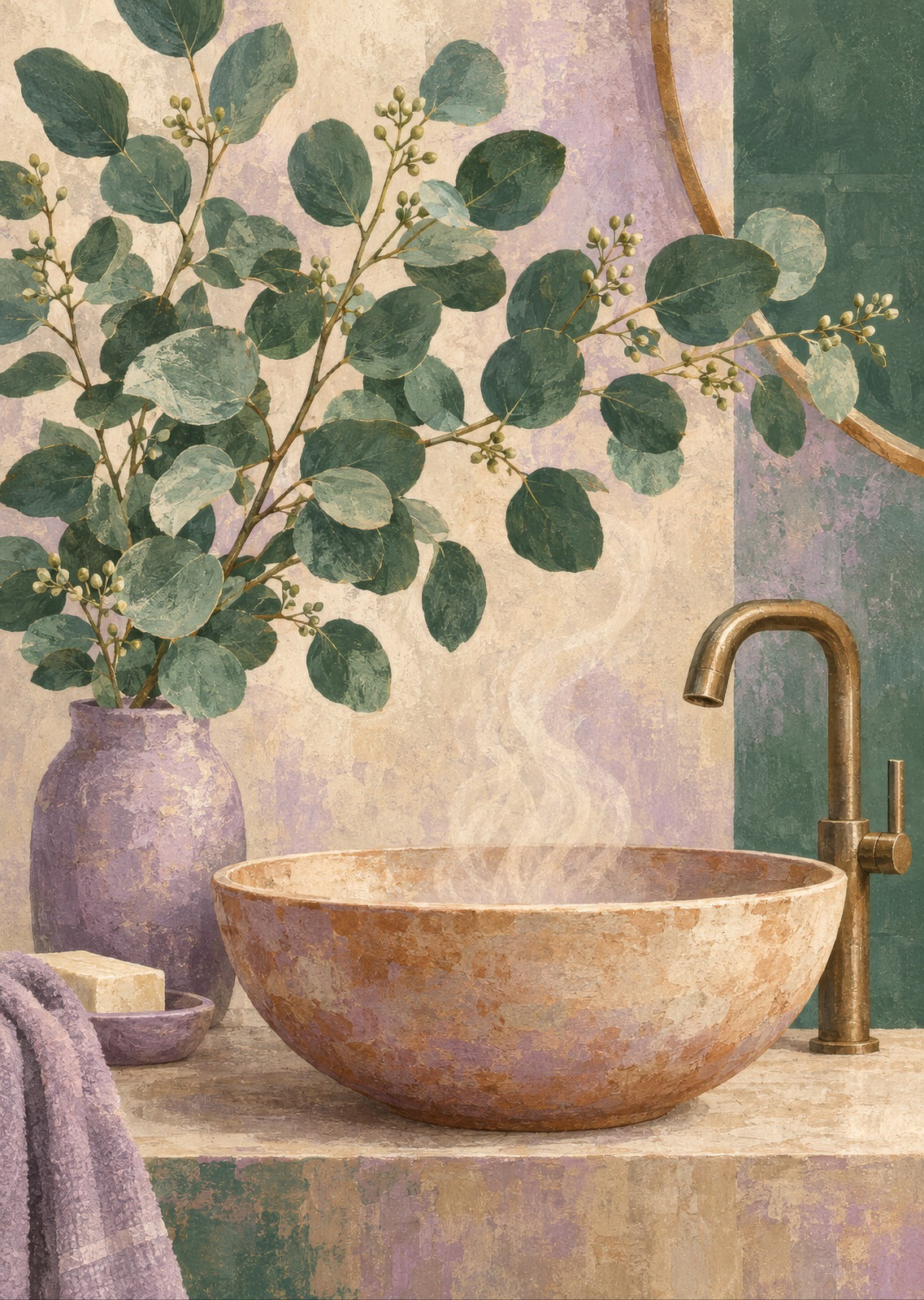 Eucalyptus above a warm ceramic basin — artwork detail