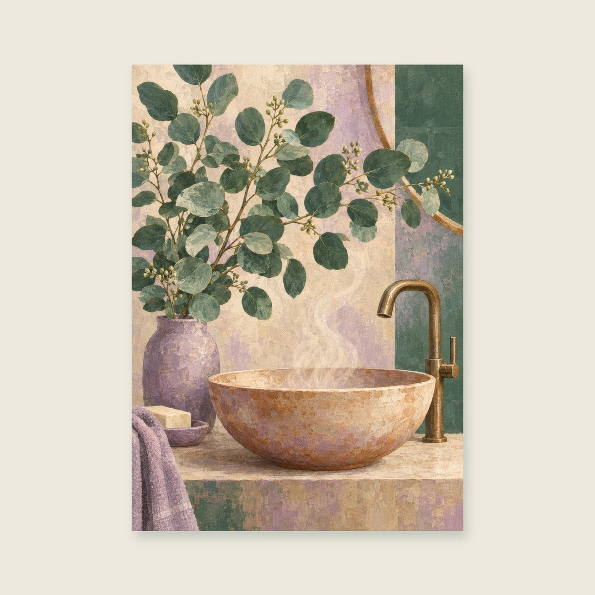 Eucalyptus above a warm ceramic basin — Atmospheric textured gouache bathroom art print