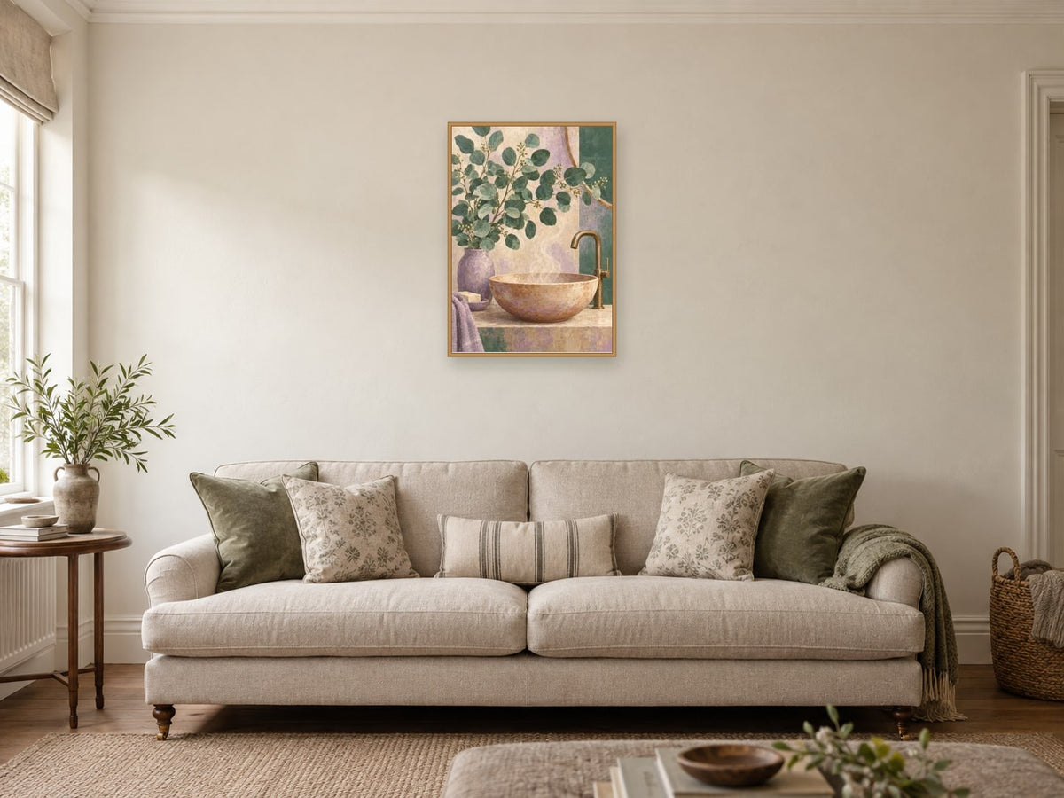 Eucalyptus above a warm ceramic basin — A2 artwork shown in a room with a natural wood frame; select a framed finish to include a frame