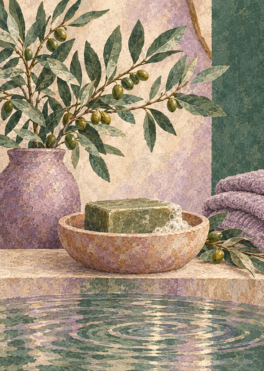 Olive soap dish and rippling water — artwork detail