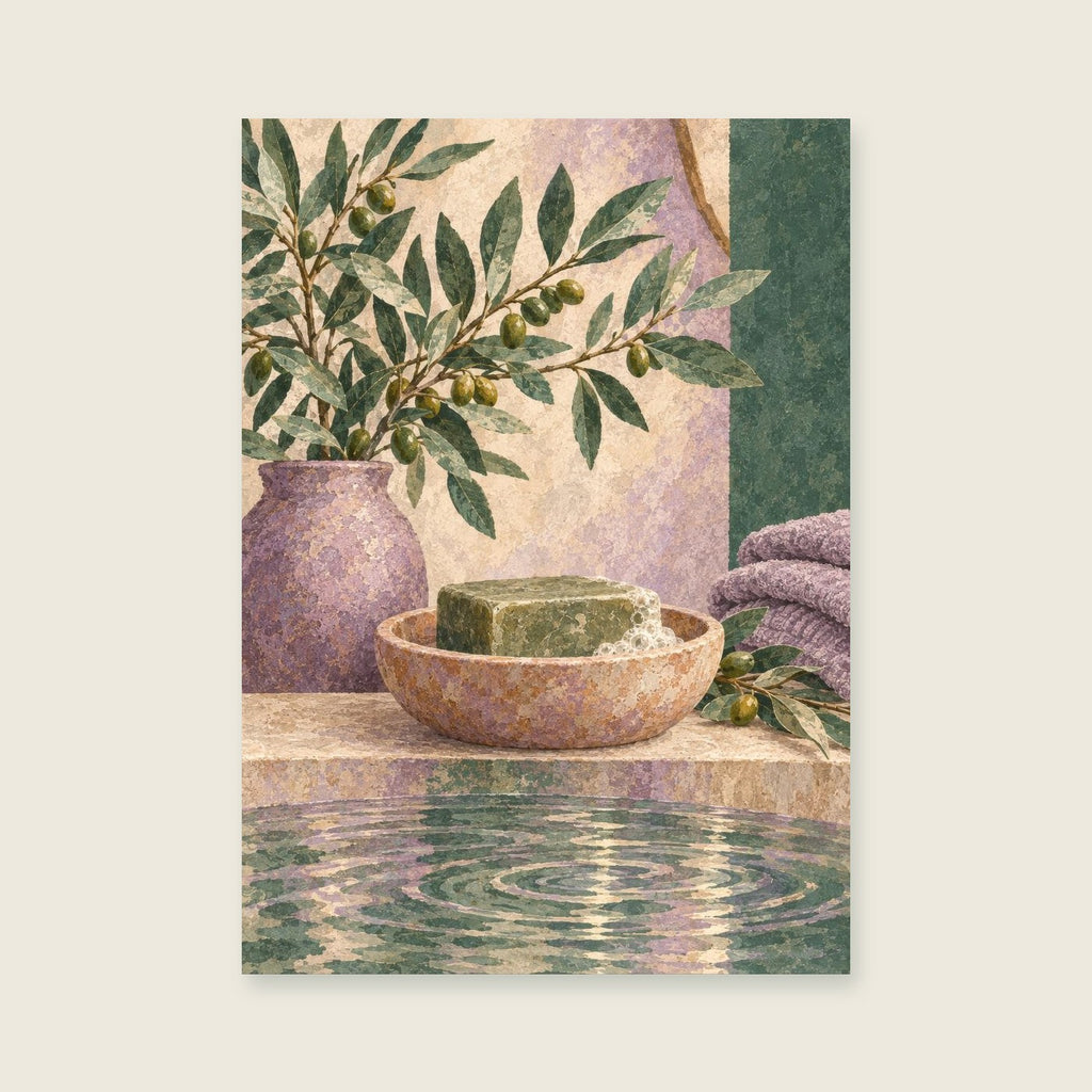 Olive soap dish and rippling water — Atmospheric textured gouache bathroom art print