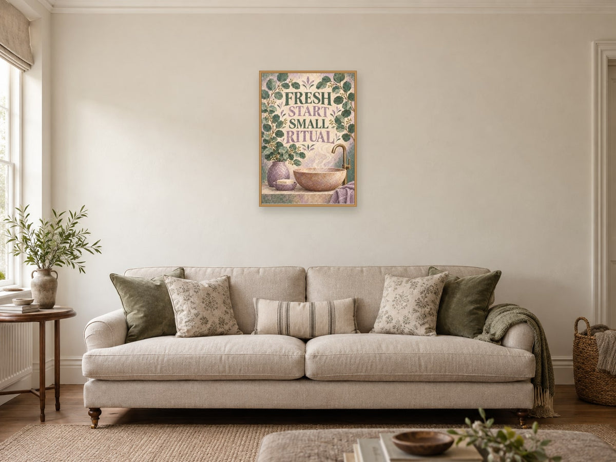 Fresh Start Small Ritual — A2 artwork shown in a room with a natural wood frame; select a framed finish to include a frame