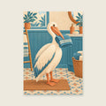 pelican balancing a folded towel — Original character illustration bathroom art print