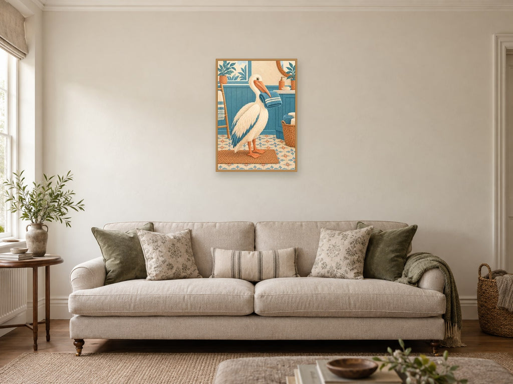 pelican balancing a folded towel — A2 artwork shown in a room with a natural wood frame; select a framed finish to include a frame