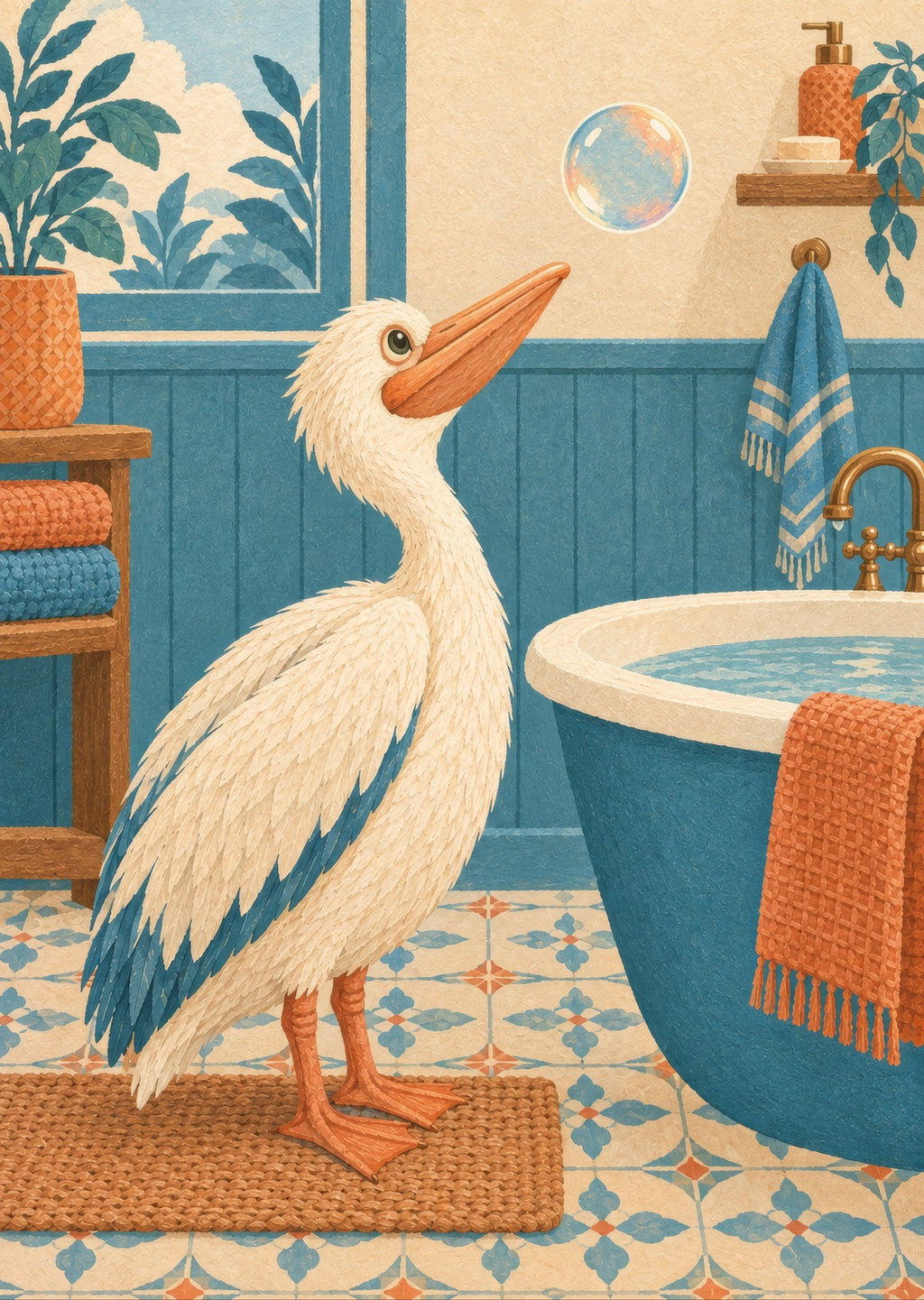 pelican looking at one drifting soap bubble — artwork detail