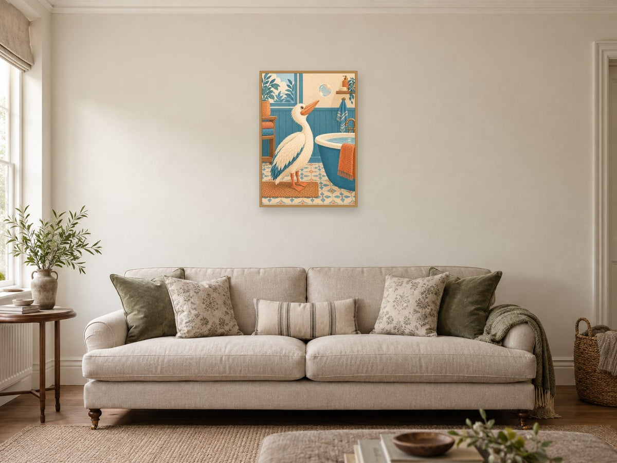 pelican looking at one drifting soap bubble — A2 artwork shown in a room with a natural wood frame; select a framed finish to include a frame