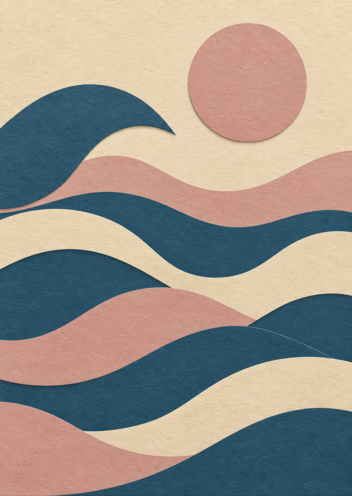 Broad overlapping tide shapes around a circular sun — artwork detail
