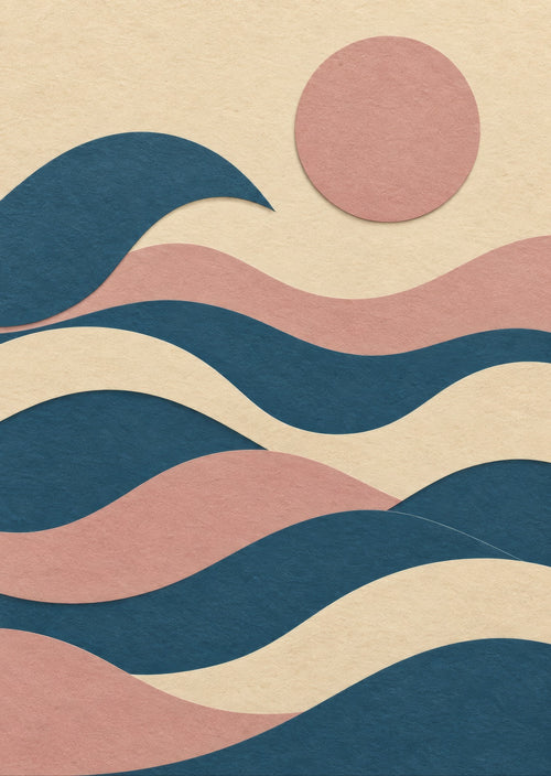 Broad overlapping tide shapes around a circular sun — artwork detail