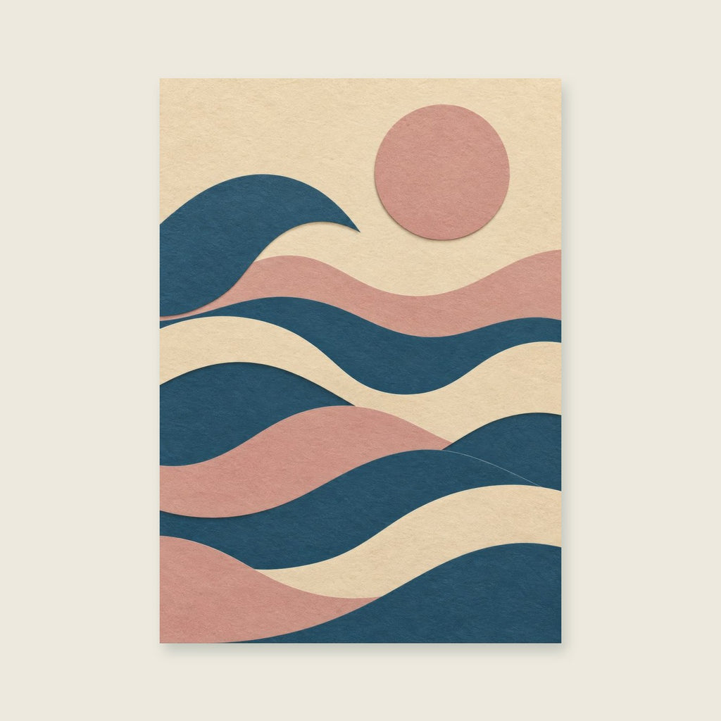 Broad overlapping tide shapes around a circular sun — Cut paper modernism bathroom art print