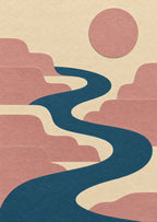 flowing blue ribbon through stepped coral forms — artwork detail