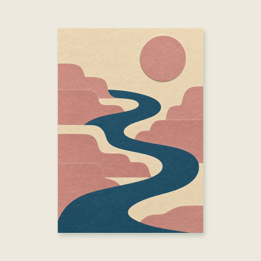 flowing blue ribbon through stepped coral forms — Cut paper modernism bathroom art print