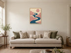 flowing blue ribbon through stepped coral forms — A2 artwork shown in a room with a natural wood frame; select a framed finish to include a frame
