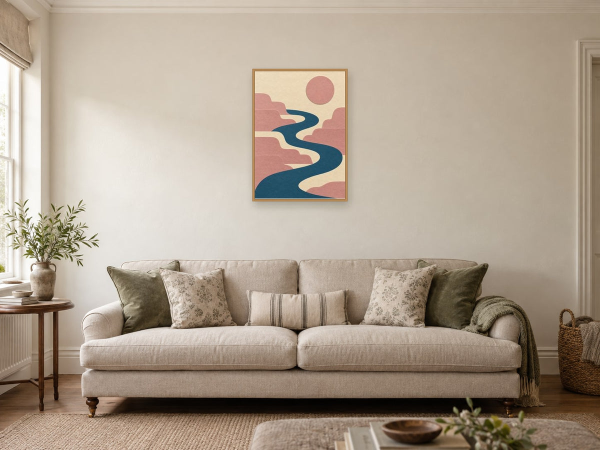 flowing blue ribbon through stepped coral forms — A2 artwork shown in a room with a natural wood frame; select a framed finish to include a frame