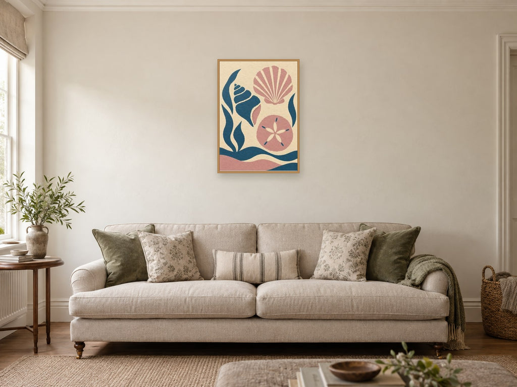 Three simplified shells — A2 artwork shown in a room with a natural wood frame; select a framed finish to include a frame