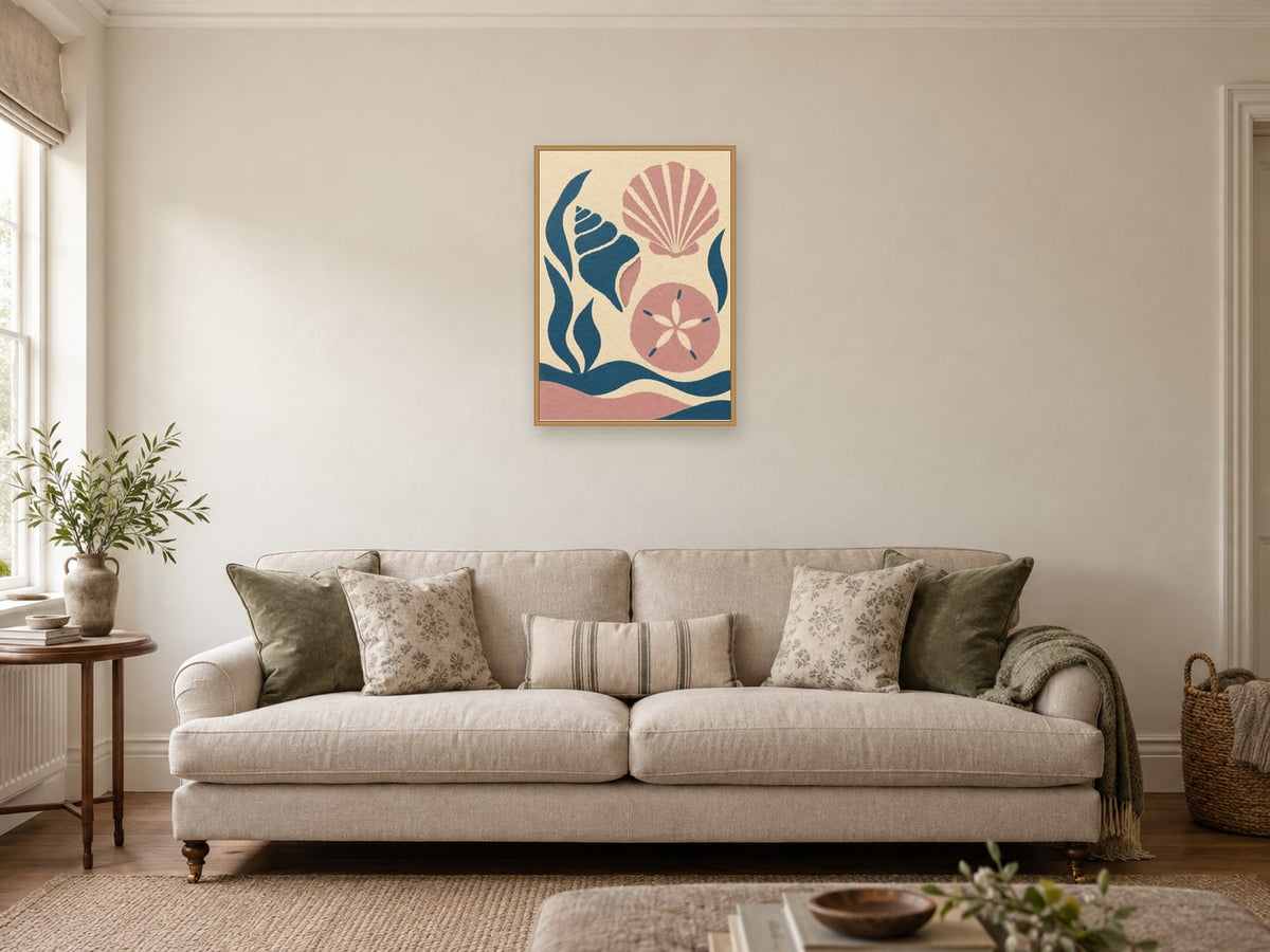 Three simplified shells — A2 artwork shown in a room with a natural wood frame; select a framed finish to include a frame