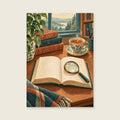 open unlettered book — Detailed editorial gouache home office art print