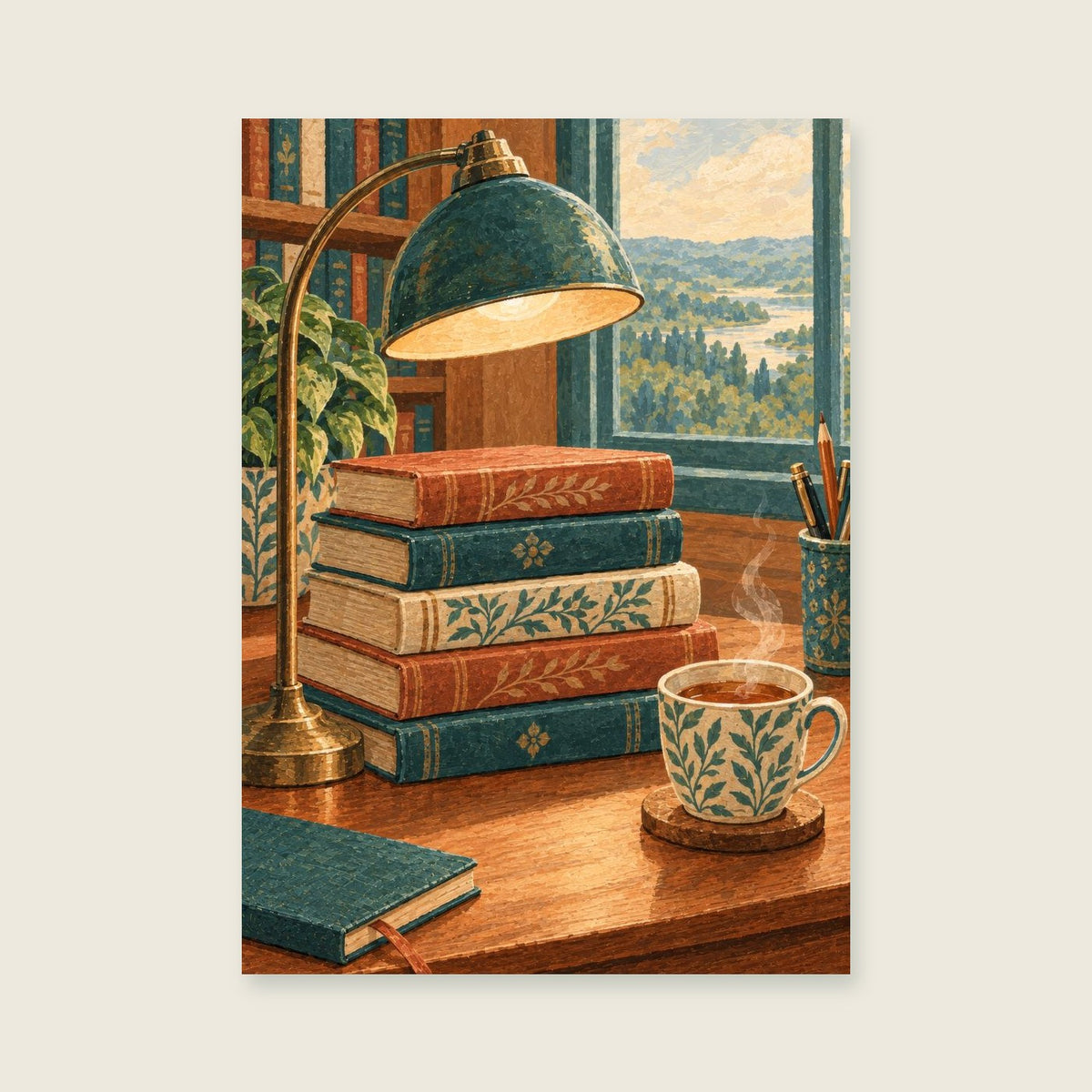 Stacked books — Detailed editorial gouache home office art print