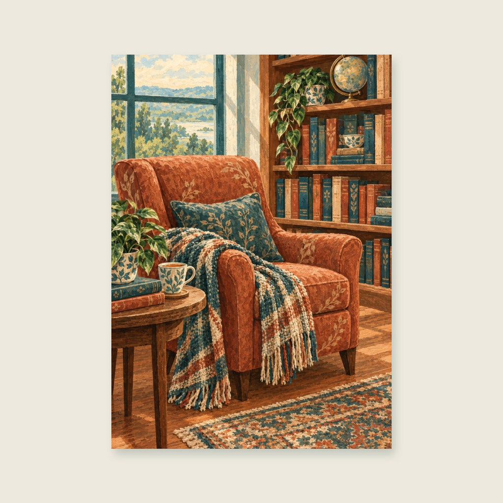 Reading chair — Detailed editorial gouache home office art print