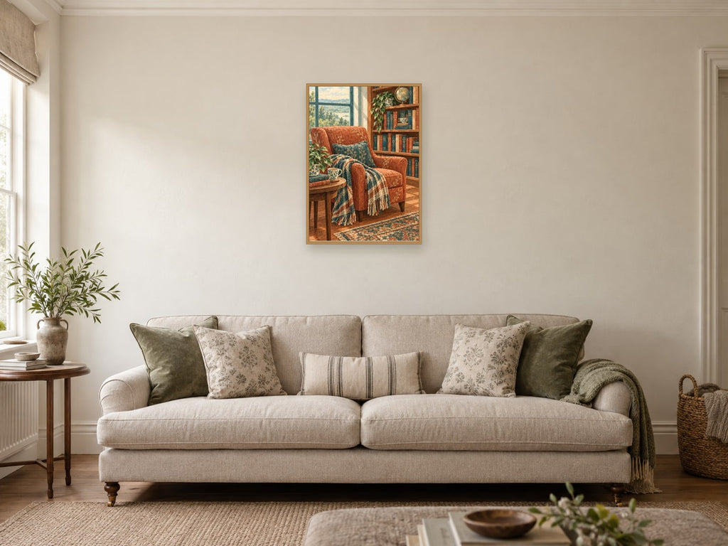 Reading chair — A2 artwork shown in a room with a natural wood frame; select a framed finish to include a frame