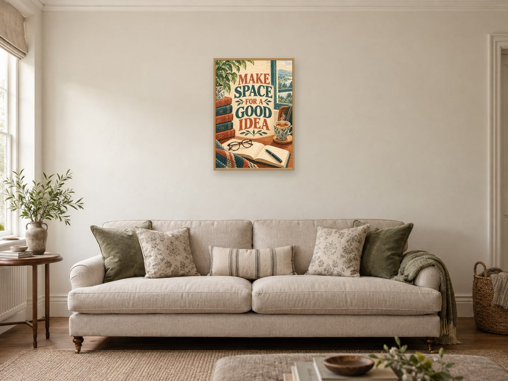 Make Space For A Good Idea — A2 artwork shown in a room with a natural wood frame; select a framed finish to include a frame