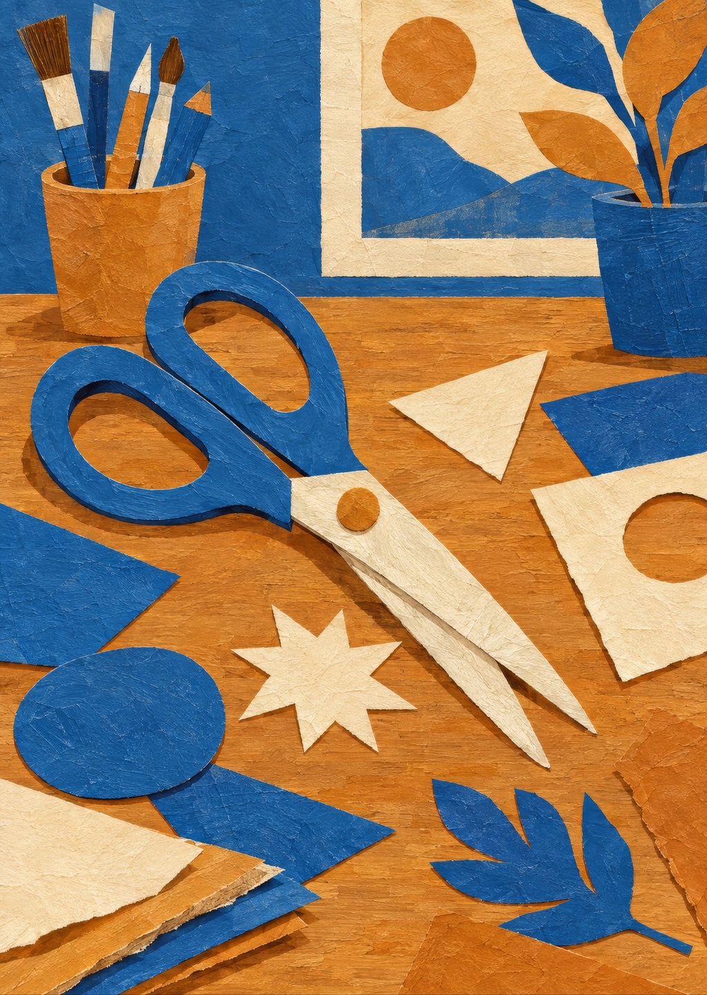 Oversized scissors and paper shapes across a workbench — artwork detail
