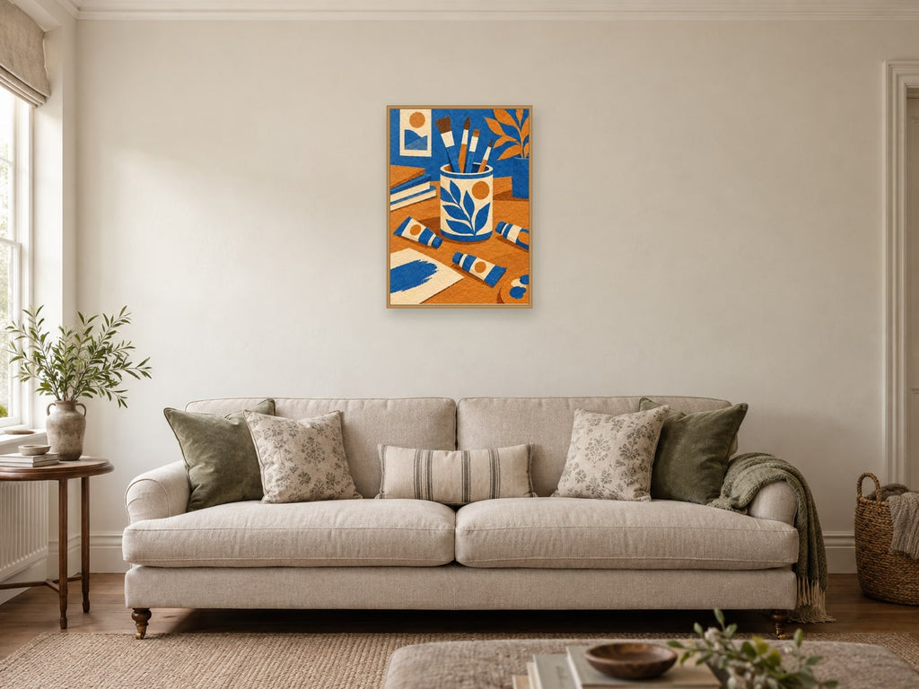 Ceramic brush pot — A2 artwork shown in a room with a natural wood frame; select a framed finish to include a frame