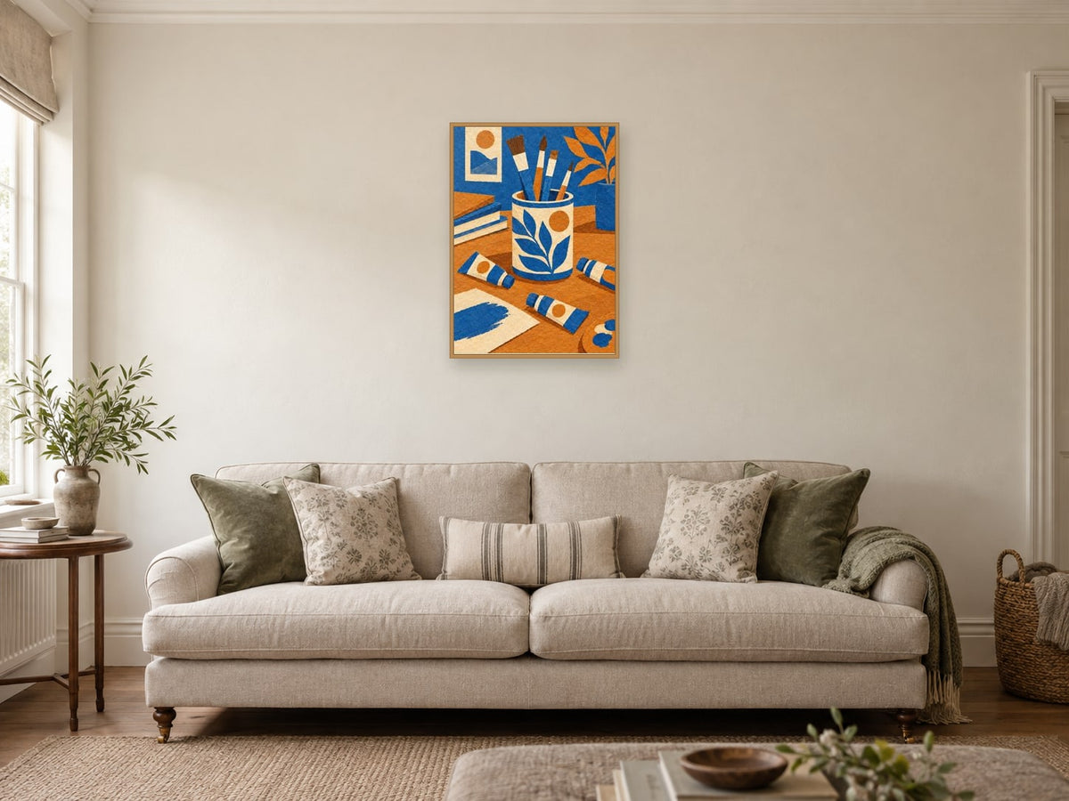 Ceramic brush pot — A2 artwork shown in a room with a natural wood frame; select a framed finish to include a frame