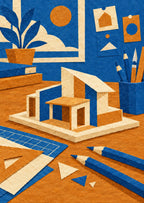 Cut paper architectural model and pencils — artwork detail
