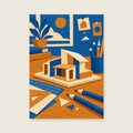 Cut paper architectural model and pencils — Tactile painted collage home office art print