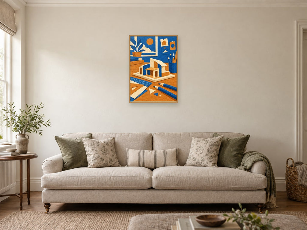 Cut paper architectural model and pencils — A2 artwork shown in a room with a natural wood frame; select a framed finish to include a frame