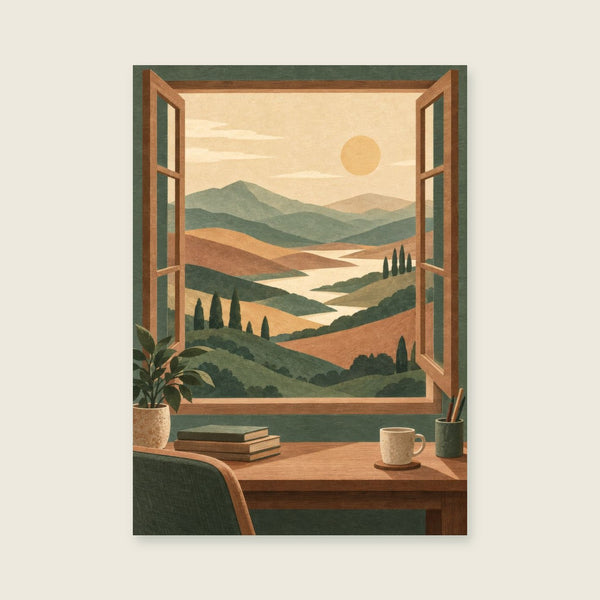 Layered imaginary hills through an open window Art Print