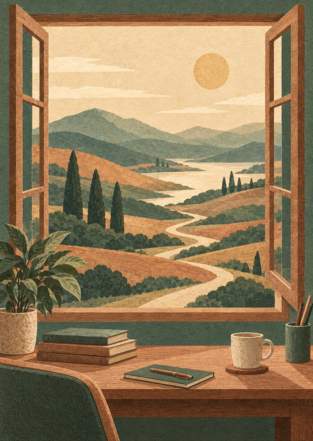 winding path beyond a desk plant — artwork detail