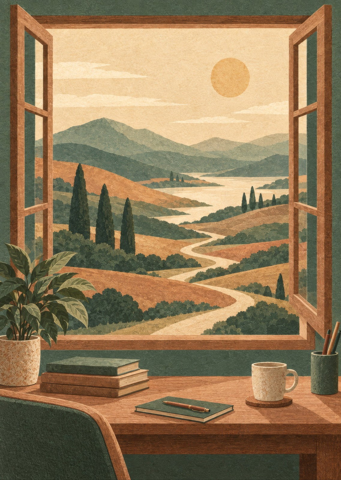 winding path beyond a desk plant — artwork detail