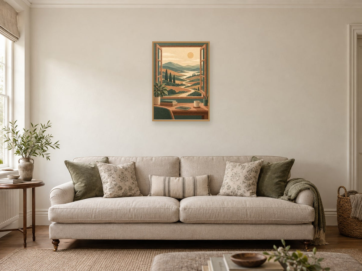 winding path beyond a desk plant — A2 artwork shown in a room with a natural wood frame; select a framed finish to include a frame