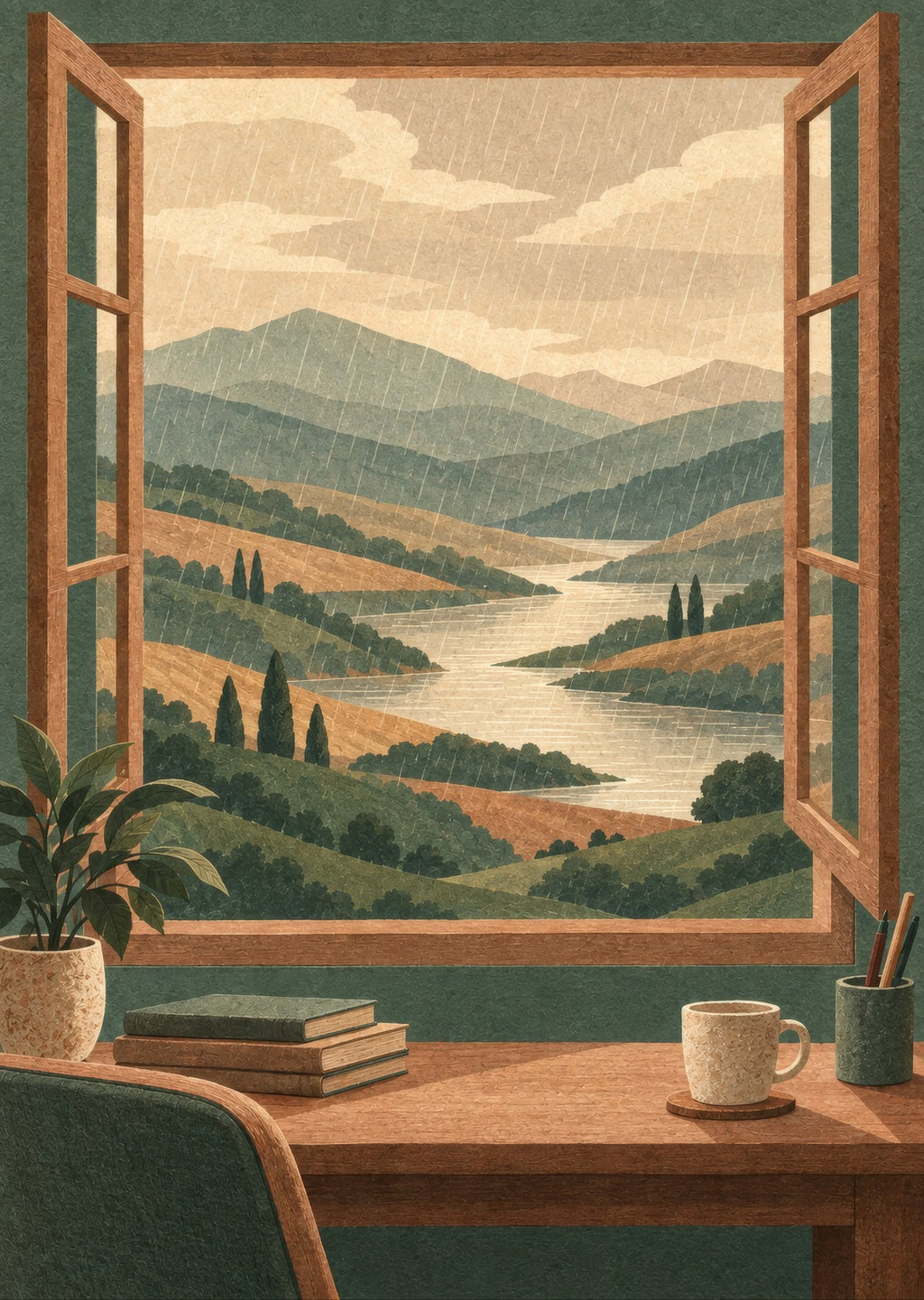 Rain passing over an imagined valley — artwork detail