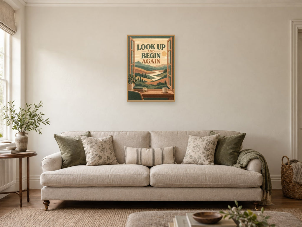 Look Up And Begin Again — A2 artwork shown in a room with a natural wood frame; select a framed finish to include a frame