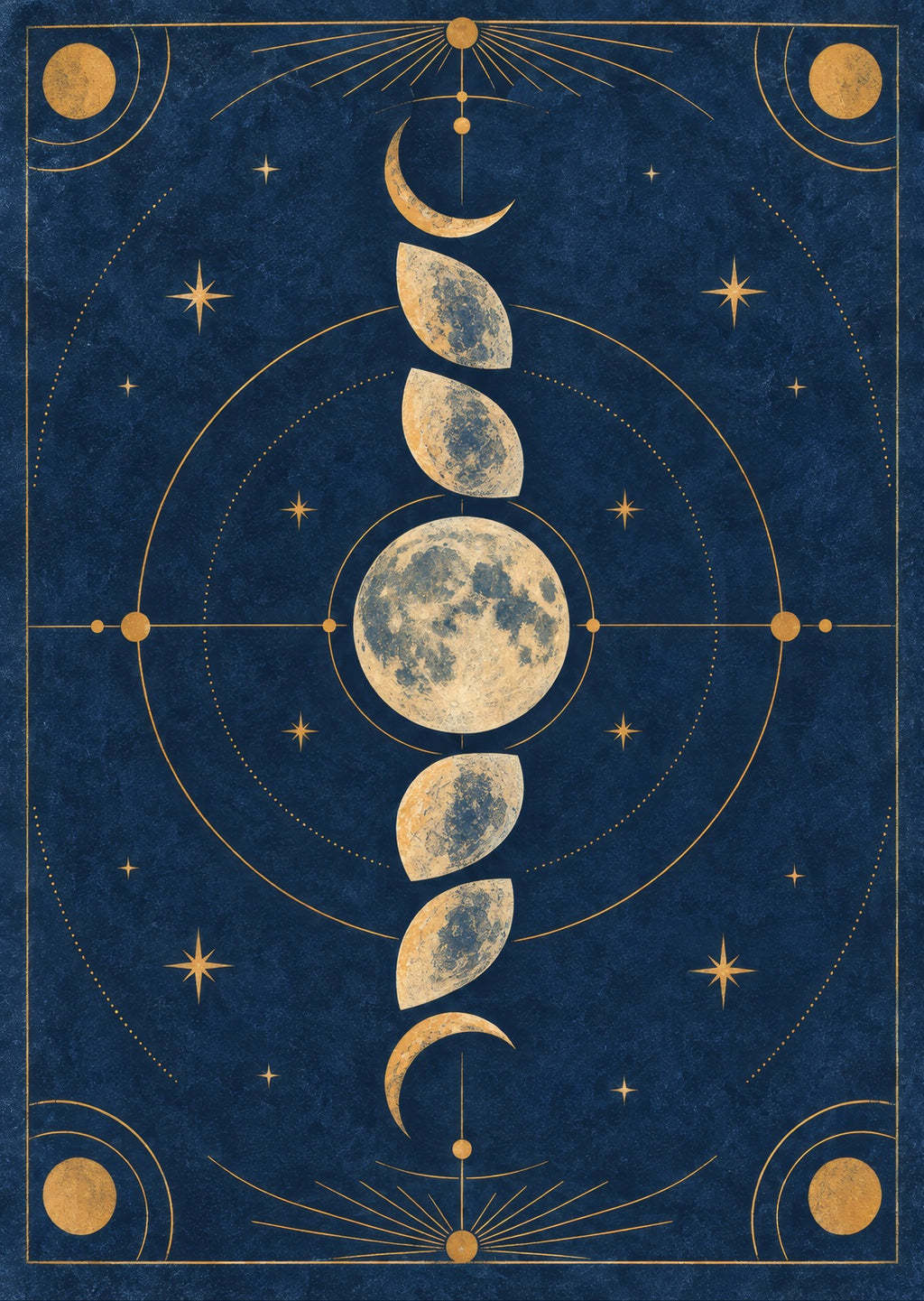 Graphic lunar phases in a richly textured blue field — artwork detail