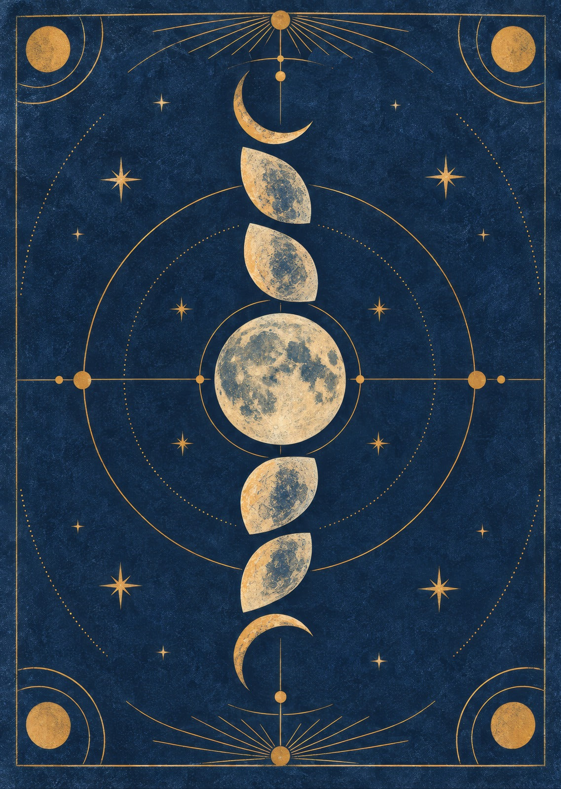 Graphic lunar phases in a richly textured blue field — artwork detail