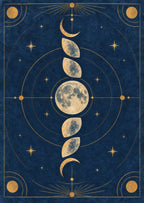 Graphic lunar phases in a richly textured blue field — artwork detail