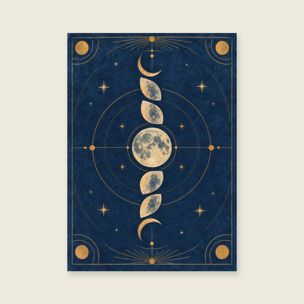Graphic lunar phases in a richly textured blue field — Scientific-inspired graphic art home office art print